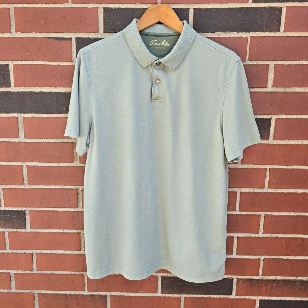 Tasso Elba Supima Golf Short Sleeves Button Polo Shirt Men's Size Medium Green